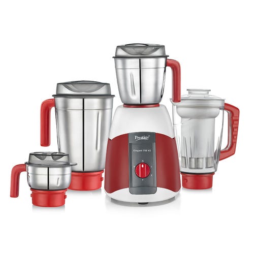 Prestige 750 Watts Elegant 750 V2 Mixer Grinder with 4 Jars (3 Stainless Steel Jars + 1 Juicer Jar)| Sturdy Handles| 4 Super Efficient Blades| Transparent Juicer Jar| Red and White