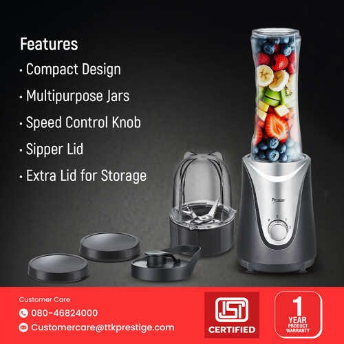 Prestige 350 Watts Nutri-Mix 1.0 Mixer Grinder with 2 Jars|Compact Design| Multipurpose Jars| Overload Protection| Sipper Lids