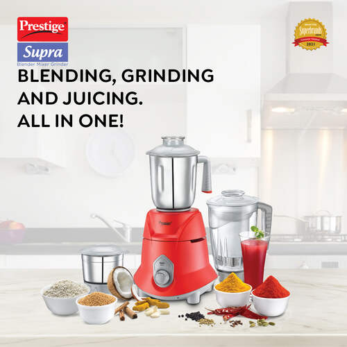 Prestige 750 Watts Supra Blender Mixer Grinder with 3 Jars (2 Stainless Steel Jars + 1 Juicer Jar)|Compact Design| Flow Breaker Design| 2 Years Warranty