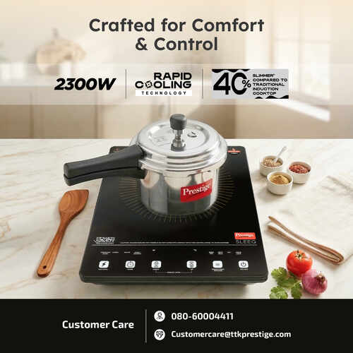 Prestige Sleeq 2300 Watts Induction Cooktop | 4KV Surge Protection | 7 Preset Indian Menu Options & Timer | Soft Touch Button | Easy to Clean | Portable | 1Y Warranty | Black | BIS Certified