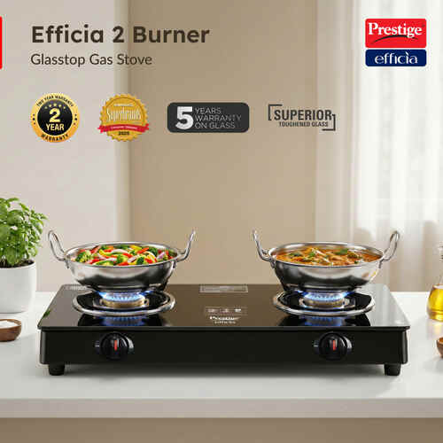 Prestige Efficia LP Gas Stove with Powder-Coated Body, Glass Top & 2 Brass Burners