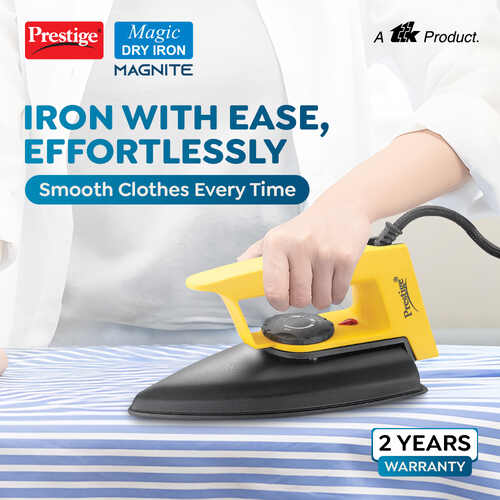 Prestige Magic Magnite 750W Dry Iron|Greblon Non-Stick Coated Sole Plate|Wide Range Of Fabric Interface|Light Weight|Neon Indicator Light|2 Years Warranty|Yellow & Black