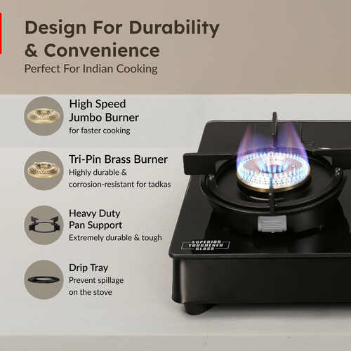Prestige Svachh Neo 3 Burner Gas Stove | Easy Clean Design-3 Liftable Burners | Toughened Glass Top | Tri-Pin Brass Burners | 1 Jumbo Burner | Ergonomic Knob | Black | 5Y Glass Warranty |ISI Certified