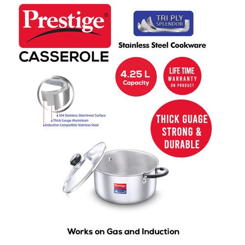 Prestige 22cm/4.25L Tri-Ply Stainless Steel Splendor Casserole with Glass Lid|Gas and Induction Compatible| Even Heat Distribution|Strong and Durable| Perma-Cool Handles| Lifetime Warranty