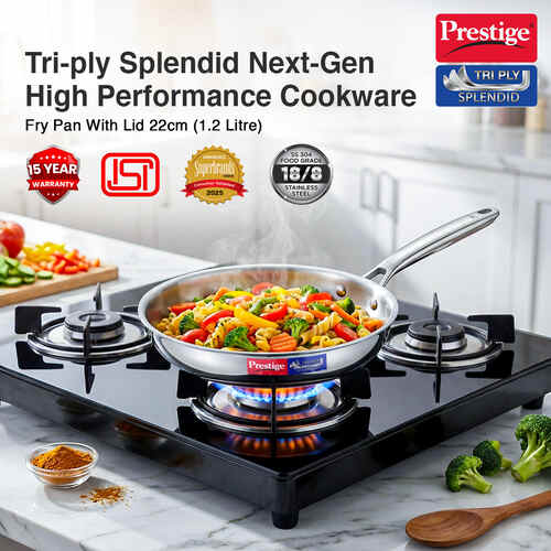 Prestige 22cm/1.2L Tri-Ply Stainless Steel Splendid Fry Pan| Gas and Induction Compatible |Even Heat Distribution| Thick Gauge Tri-Ply Body| 15 Year Warranty