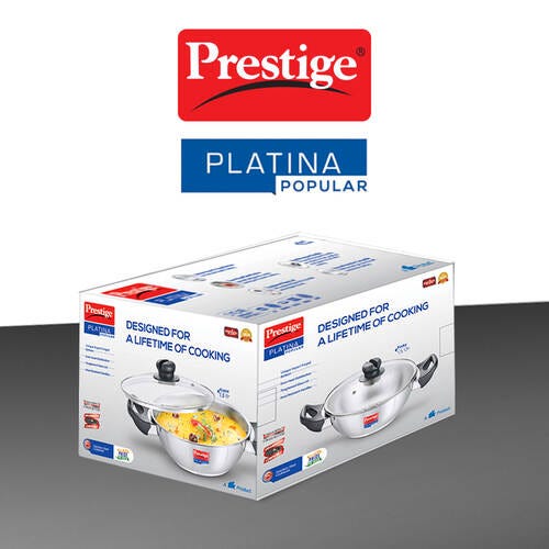 Prestige Platina Popular Stainless Steel Unique Impact Forged Bottom Kadai with Glass Lid (Silver)