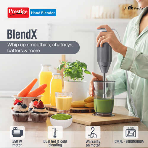 Prestige BlendX Hand Blender| 250W Motor| Versatile Blades| Stainless Steel Rod| ISI Certified