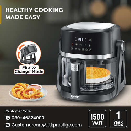 Prestige AirFlip 4.5L Air Fryer | Dual Mode - Air Frying & Grilling | 360° View Glass Basket | 80% less Oil Consumption | 5 Preset Menu | 1500 Watts |  Easy to Clean |  1Y Warranty | ISI Certified