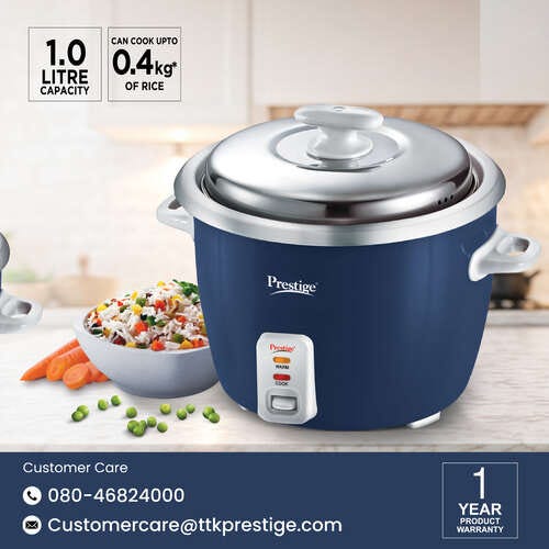 Prestige Cute 1.0-2 SS 400W Electric Rice Cooker|Stainless Steel Cooking Pan 2U|Can Cook|Cool Touch Handles|Blue and Silver|1 Year Warranty On Product And 5 Years Warranty On Heating Plate