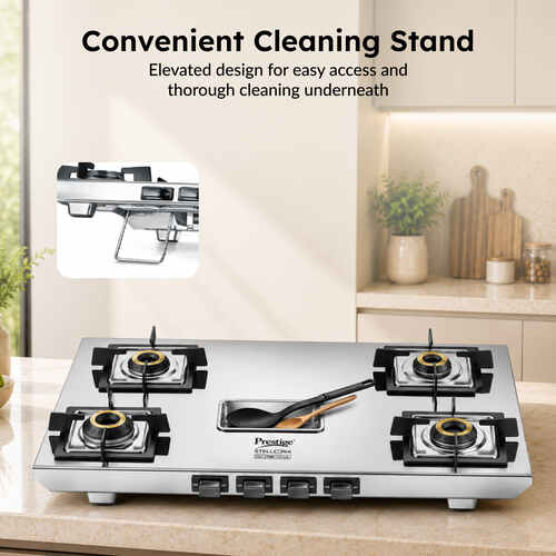 Prestige Stellora Stainless Steel L.P. Gas Stove (With Stainless Steel Body and 4 Unit Brass Burners)