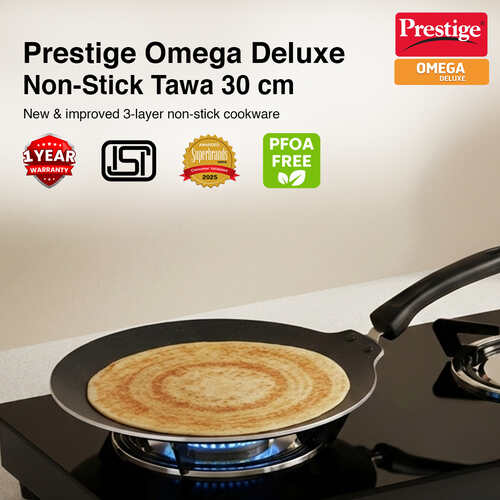 Prestige Omega Deluxe Induction Base Non-Stick Aluminium Flat Dosa Tawa, 30 cm, Red