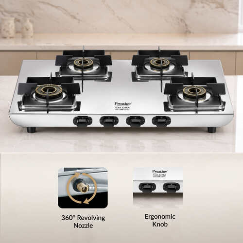 Prestige Valora Stainless Steel L.P. Gas Stove (With Stainless Steel Body and 4 Unit Brass Burners)