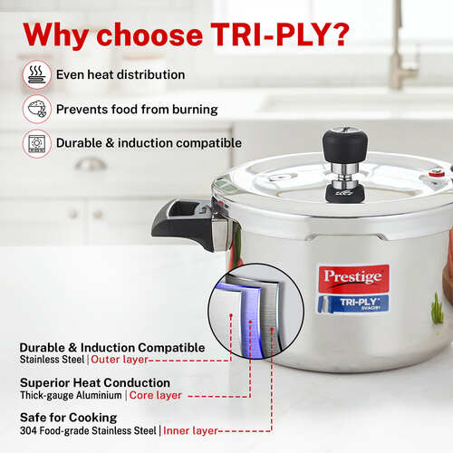 Prestige Svachh Triply Outer Lid Pressure Cooker with Unique Deep Lid for Spillage Control, 5 Litre, Silver