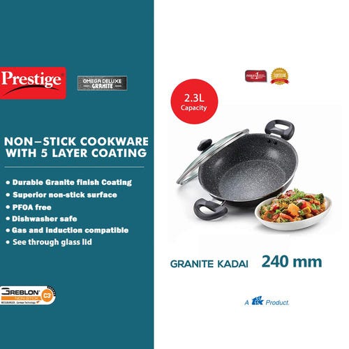 Prestige Omega Deluxe Granite Non-stick Round Base Kadai (Black)