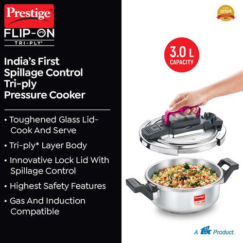 PRESTIGE FLIP-ON TRI-PLY STAINLESS STEEL PRESSURE COOKER 3 L 220m WITH GLASS L|D