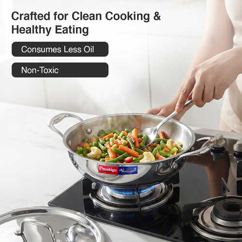 Prestige 24cm/2.7L Tri-Ply Stainless Steel Splendid Kadai with Lid|Gas and Induction Compatible|Even Heat Distribution| Thick Gauge Tri-Ply Body| Perma Cool Handles|15 Year Warranty