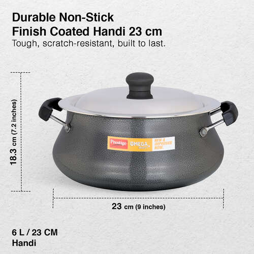 Prestige Omega Select Plus Teflon Non-stick Coated Senior Handi with Stainless Steel Lid and Scrubber for Non-Stick Cookware, 23cm (Black)