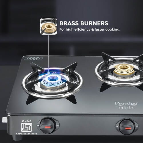 Prestige Efficia LP Gas Stove with Powder-Coated Body, Glass Top & 2 Brass Burners 3 Burners