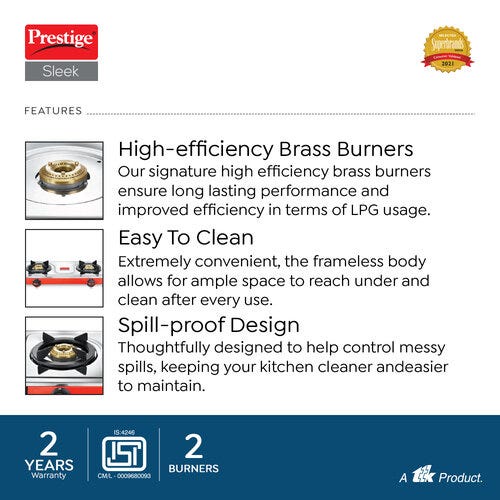 Prestige Sleek Stainless Steel Gas Stove (2 Burners)