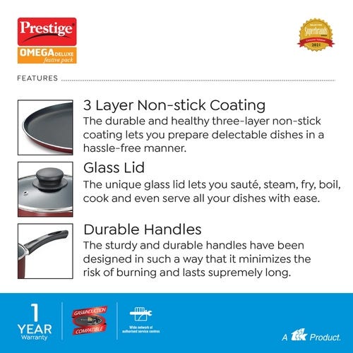 Prestige Omega Deluxe Festive Pack 4 Pc Set (Omni Tawa- 28 cm, Fry Pan- 24 cm, Kadai- 24 cm & Milk Pan- 16 cm)