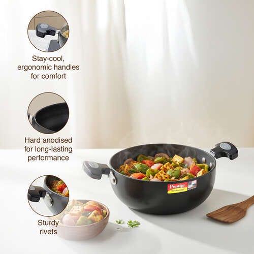 Prestige Hard Anodised Plus Gas and Induction Compatible Kadai with Glass Lid, Black