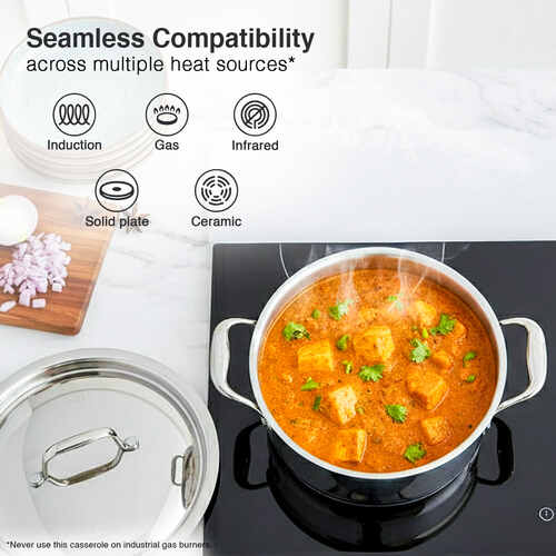 Prestige 24cm/5.5L Tri-Ply Stainless Steel Splendid Casserole| Gas and Induction Compatible |Even Heat Distribution| Thick Gauge Tri-Ply Body| Perma Cool Handles|15 Year Warranty