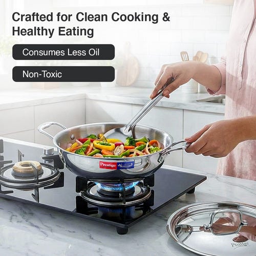 Prestige 32cm/6.0L Tri-Ply Stainless Steel Splendid Kadai with Lid|Gas and Induction Compatible|Even Heat Distribution| Thick Gauge Tri-Ply Body| Perma Cool Handles|15 Year Warranty