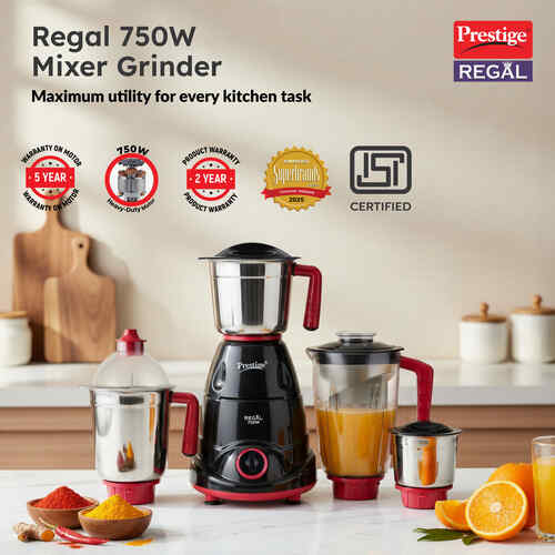 Prestige 750 Watts Regal Mixer Grinder with 4 Jars (3 Stainless Steel Jars + 1 Juicer Jar)|