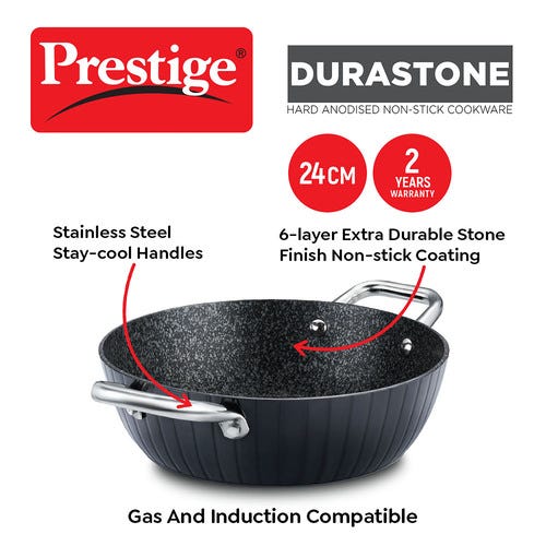 Prestige Durastone Hard Anodised 6 Layer Non-Stick Kadai with Glass Lid (Black)
