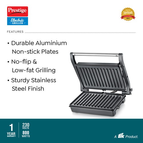 Prestige PEG 5.0 Non-Stick Coating 800 W Electric Grill (Silver and Black)