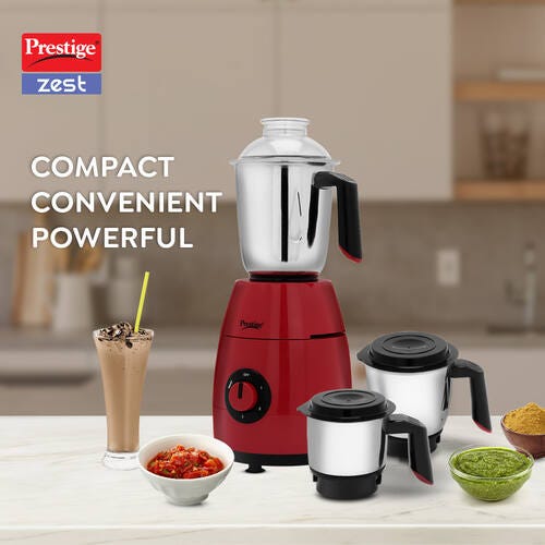 Prestige 750 Watts Zest Mixer Grinder with 3 Stainless Steel Jars| Elegant Design| Sturdy Handles| Red and Black