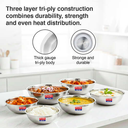 Prestige 6 PC Tri ply Tasla Kadai Set with free Pakkad | Gas & Induction Compatible| 304 food grade stainless steel