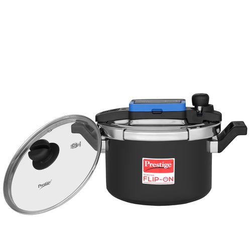 Prestige Svachh Flip-on Hard Anodised Gas and Induction Compatible Pressure Cooker with Glass Lid, 5 Litre (Black)