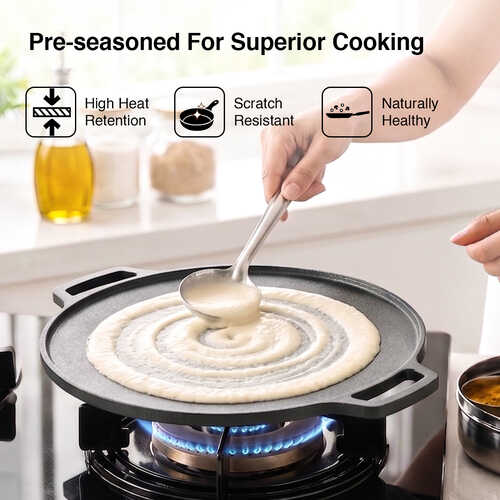 Prestige Cast Iron Tawa 30cm | Ferrocast Flo | Non-Stick | Gas & Induction Compatible | Chemical Free | Preseasoned | Sturdy Handle | Healthy Eating | Lifetime Warranty