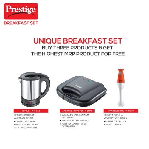 Prestige Breakfast set - Electric Kettle, Sandwich Toaster & Hand Blender