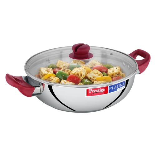 Prestige Platina Popular Stainless Steel Unique Impact Forged Bottom Kadai with Toughened Glass Lid, 30cm (5.5 L) (Silver)