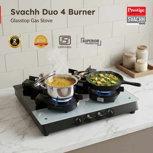 Prestige Svachh Duo Toughened Glasstop Gas Stove with Liftable 4 Burners (Black) - GTSD 04 SQ