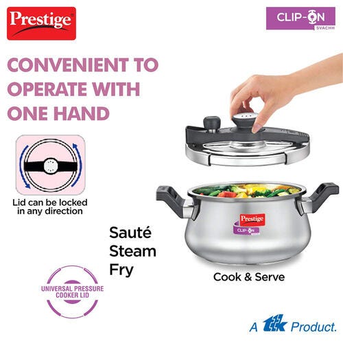 Prestige Clip-on Svachh Stainless Steel Spillage Control Handi Pressure Cooker, 5 L (Silver)