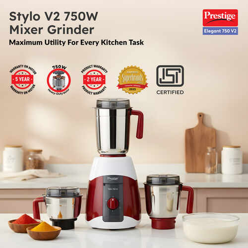 Prestige 750 Watts Stylo V2 Mixer Grinder with 3 Stainless Steel Jar| Ergonomic Design| See-Through Lids|Sturdy Handles| Durable Body| Red and White