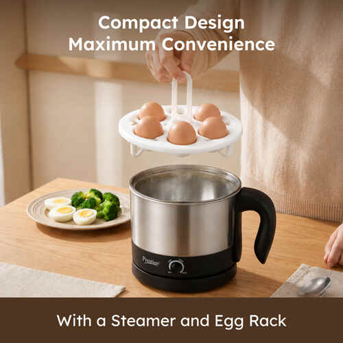 Prestige 1L PMC 1.0 Plus Multi Kettle / Multi Cooker| Glass Lid with Stainless Steel rim|Temperature Control |Power Indictor (Silver, Black)