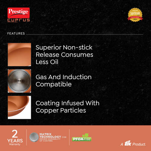 Prestige Cuprus Aluminium Gas and Induction Compatible Non-Stick Kadai with Glass Lid, (Copper)