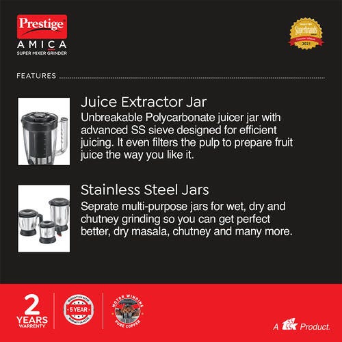 Amica Super Mixer Grinder 1000 W, 5 Jars (Black and Silver) with Multiple Accessories