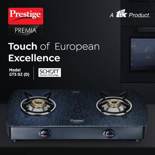 Prestige Premia Schott Glass Top Gas Stove - (Black)