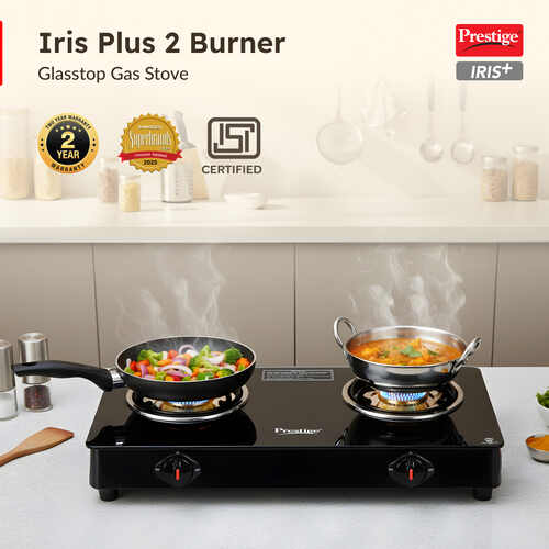 Prestige Iris 2 Burner Gas Stove | Toughened Glass Top | Tri-Pin Brass Burners | Ergonomic Knob | Black | 2Y Warranty | ISI Certified