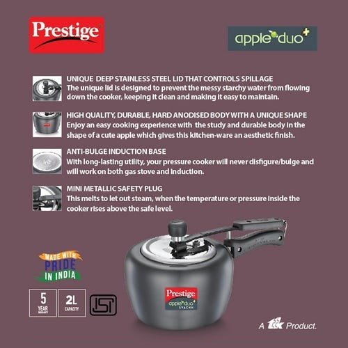 Prestige Apple Duo Plus Hard Anodised Spillage Control Pressure Cooker (Black)