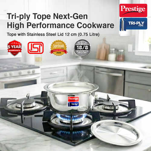 Prestige 12cm/0.75L Tri-Ply Stainless Steel Tope with Lid|Gas and Induction Compatible| Even Heat Distribution|Strong and Durable| 5 Years Warranty