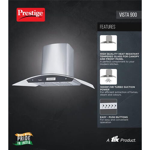 Prestige Vista 900 Kitchen Hood Chimney - Turbo Suction - 1000m3/hr