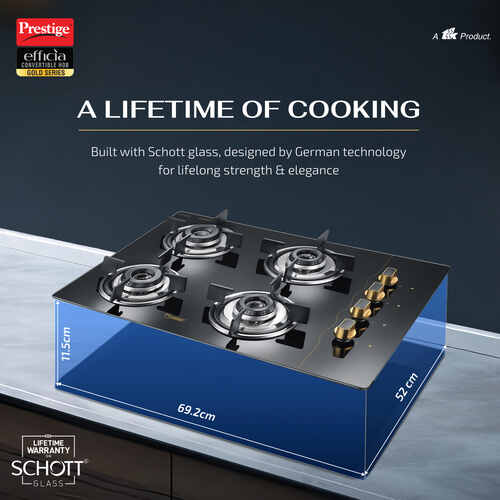 Prestige Efficia Convertible Hob Gold Series L P Gas Hob (Efficia 04 AI Gold with Glass Top, 4 Burners & Auto Ignition)