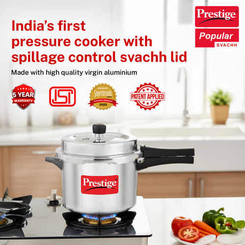Prestige 5 Litre Aluminium Popular Svachh Outer Lid Pressure Cooker | Deep Lid for Spillage Control | Anti-Bulge Base | Gasket Release System | 5Y Warranty | ISI Certified