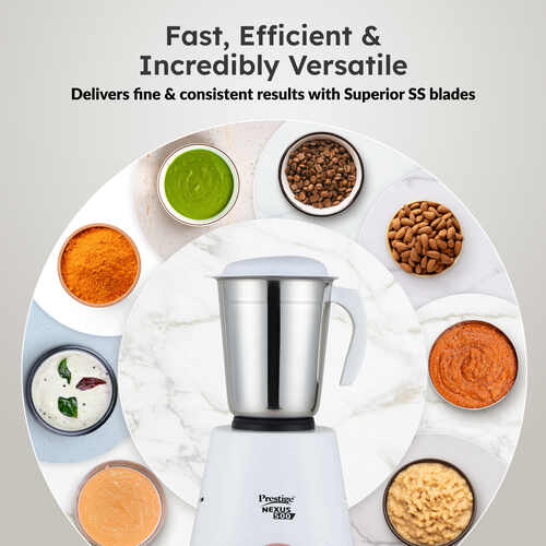 Prestige 500W Nexus Mixer Grinder with 3 Stainless Steel jars|1200ml Wet Jar,800ml dry jar, 400ml chutney jar|3 Super-efficient Blades|3 motor setting|Sturdy Handles |2 Yrs Warranty|White & Rose Gold